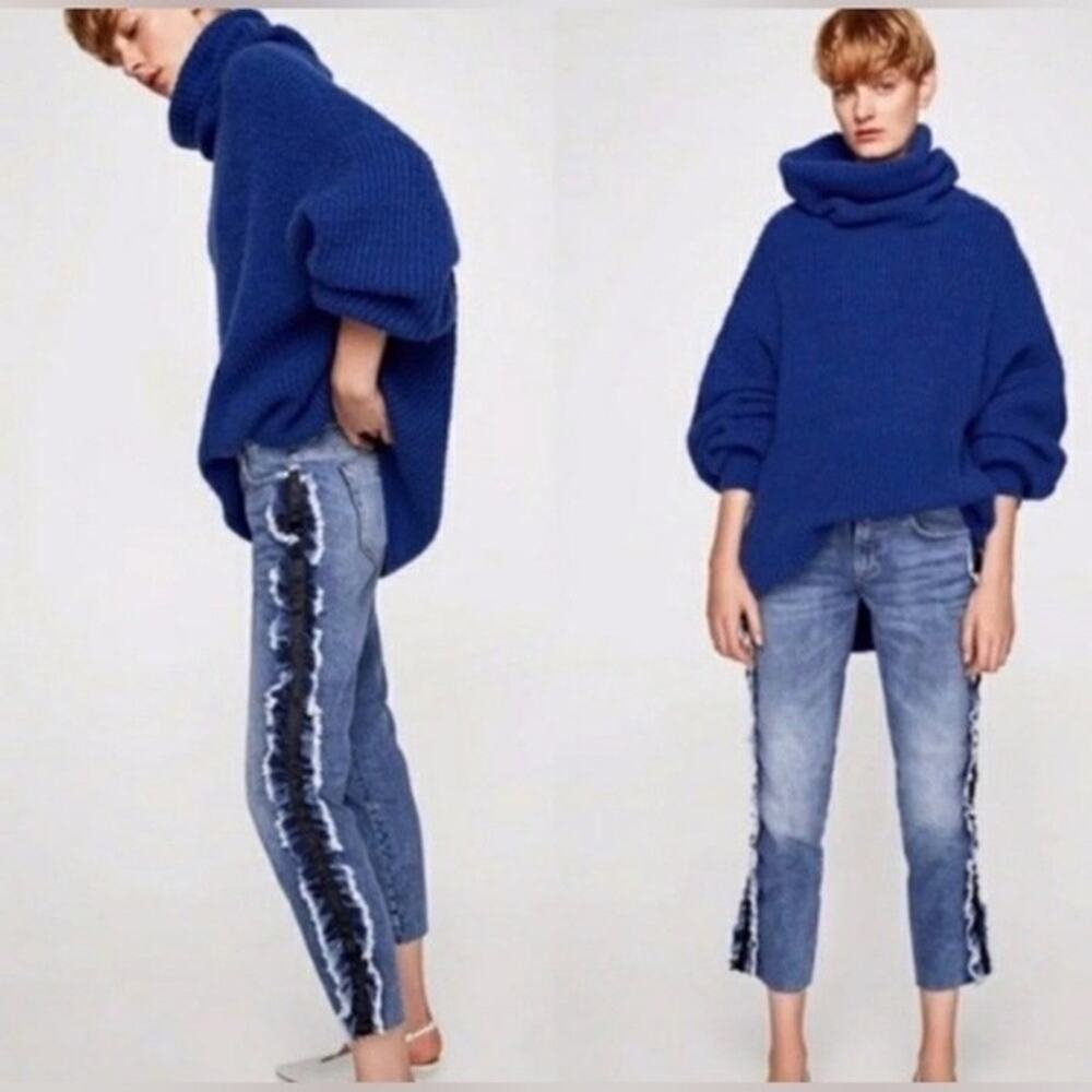 Zara Basic Jeans Z1975 Denim Mid Rise Fringe Ribbon Detail Size‎ 6